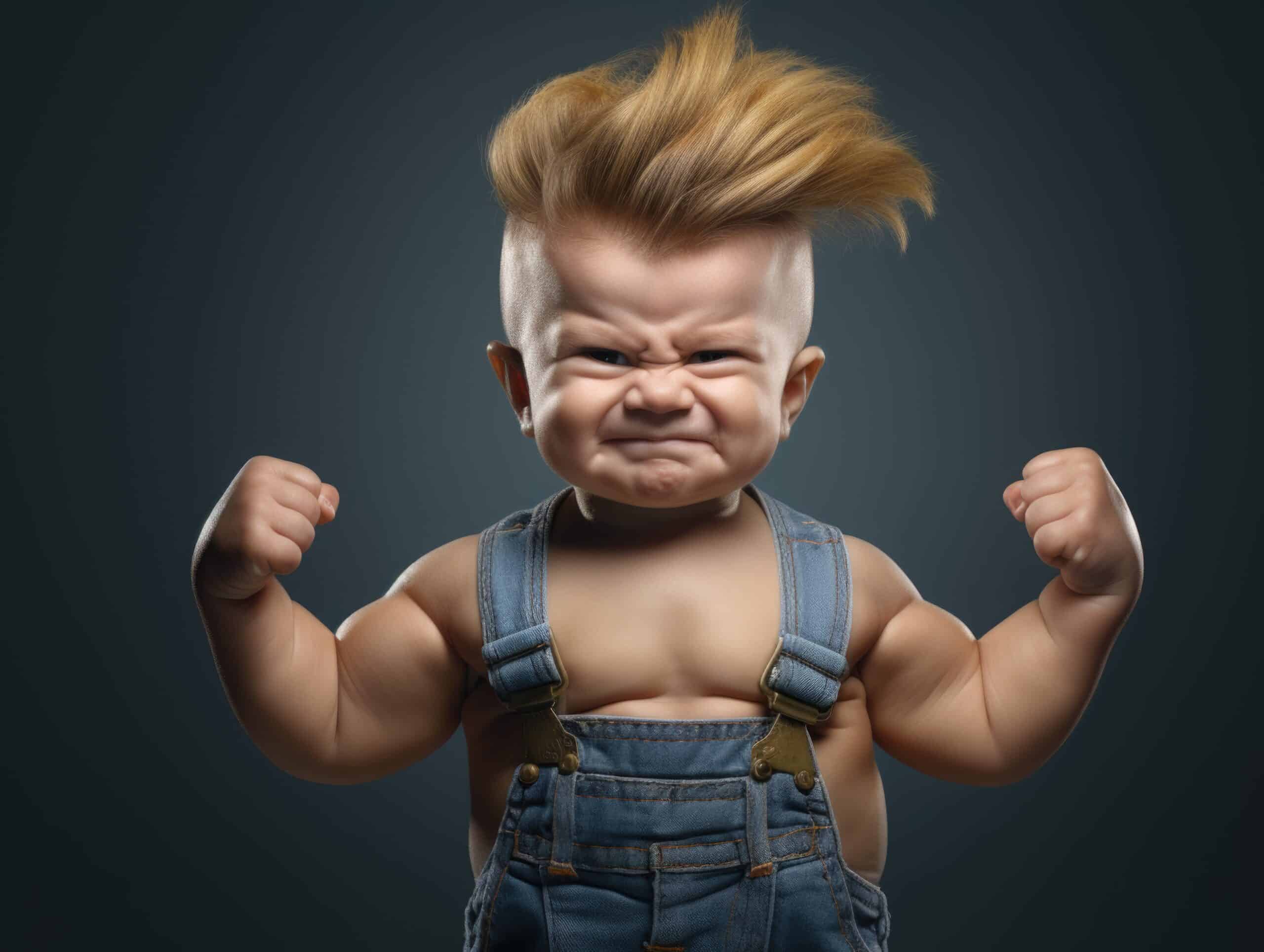 Grappige baby in werkpak toont spierballen als symbool voor betrouwbare installatie van een thuisbatterij